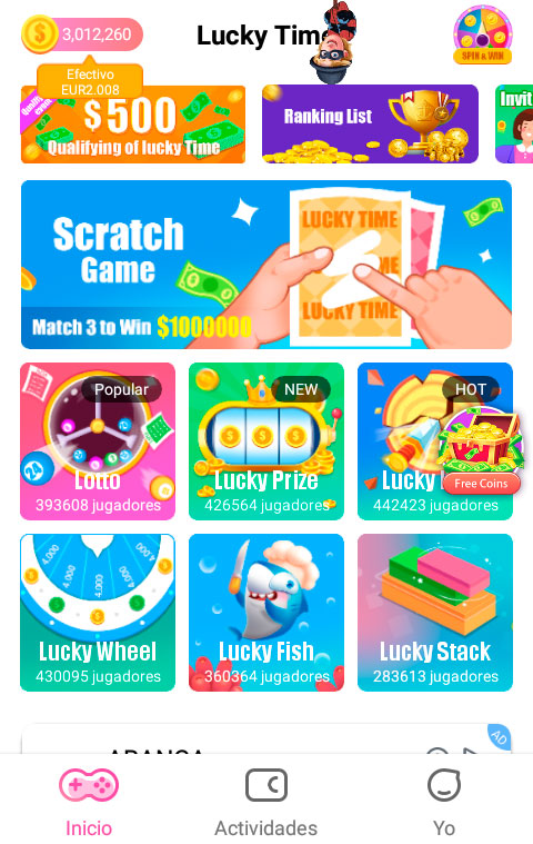 Pantalla principal de Lucky Time con todos los juegos disponibles. 